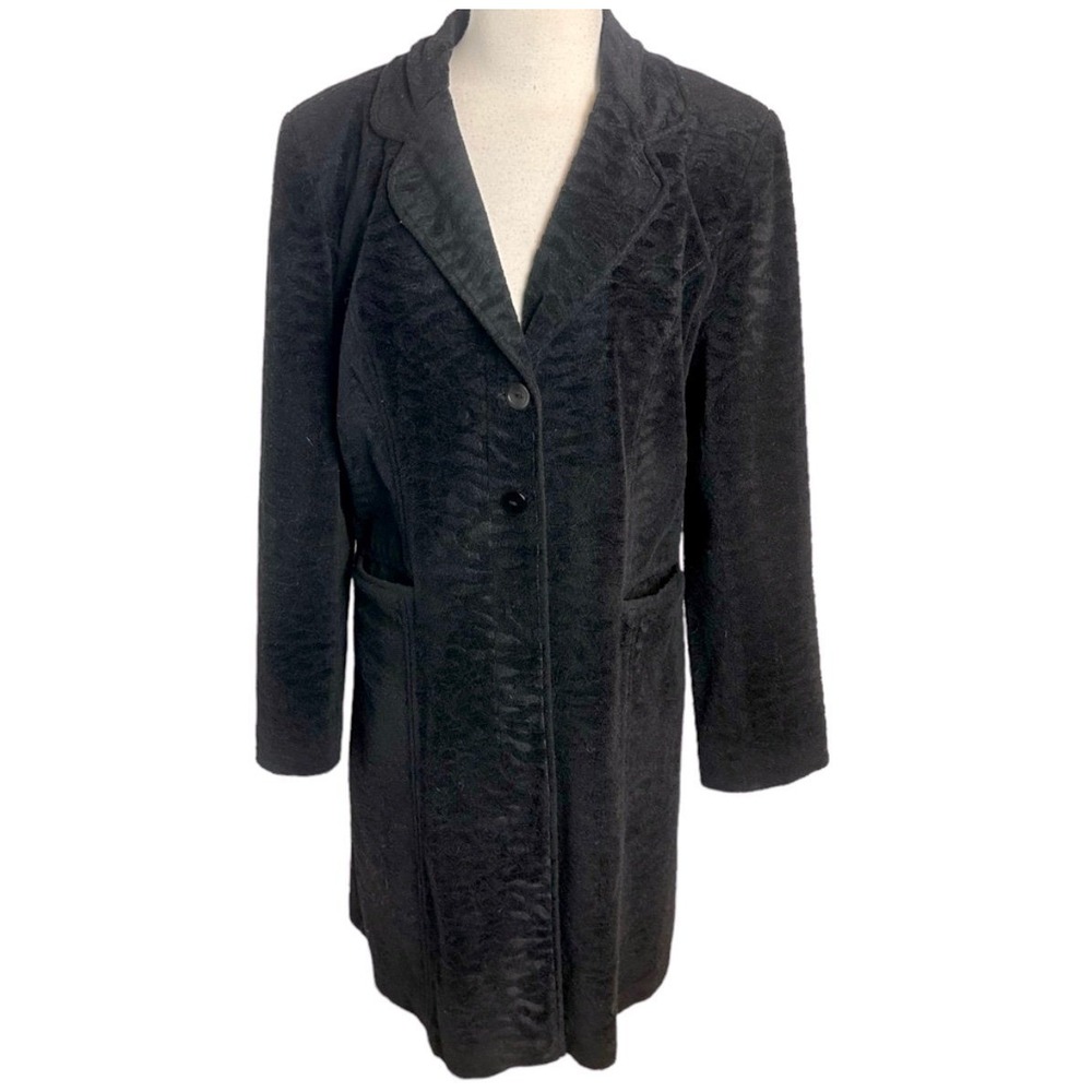 Giacca Long Coat M Black Faux Persian Lamb Textured Red Lining Button Front
